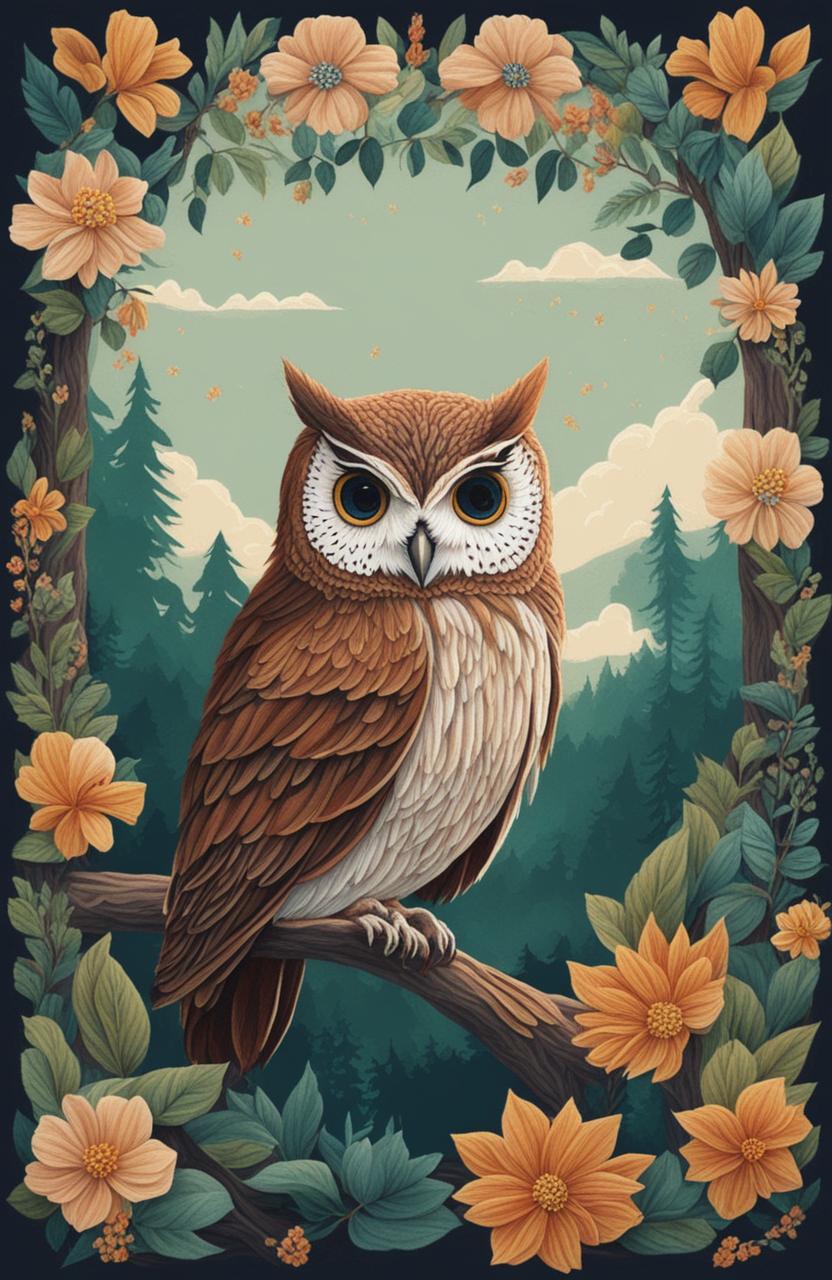 This is a digital art piece depicting a serene forest scene with a majestic owl, rendered in the style of embroidery