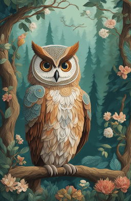 This is a digital art piece depicting a serene forest scene with a majestic owl, rendered in the style of embroidery