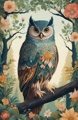 This is a digital art piece depicting a serene forest scene with a majestic owl, rendered in the style of embroidery