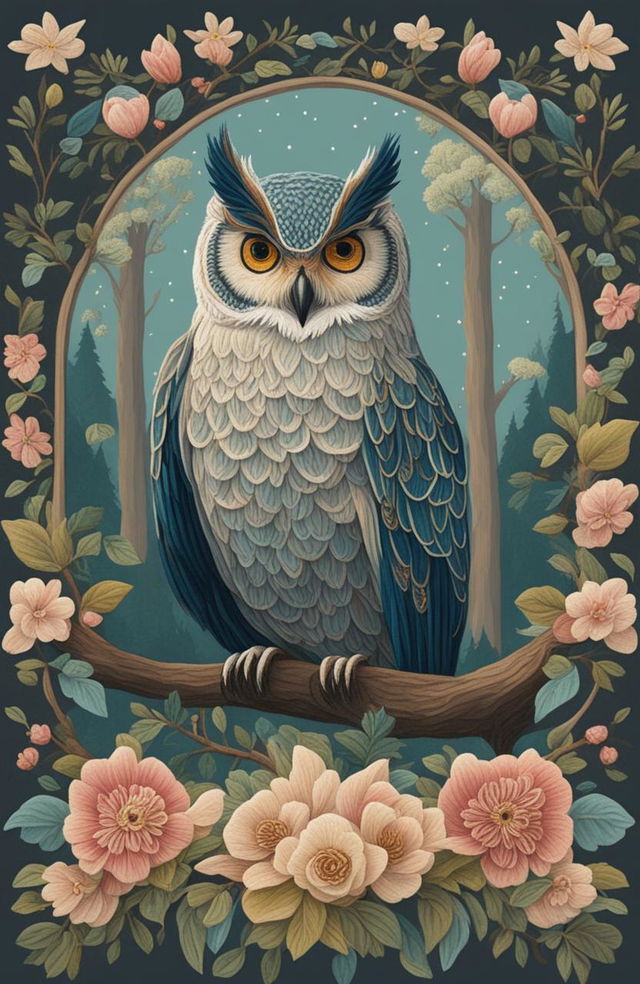 This is a digital art piece depicting a serene forest scene with a majestic owl, rendered in the style of embroidery