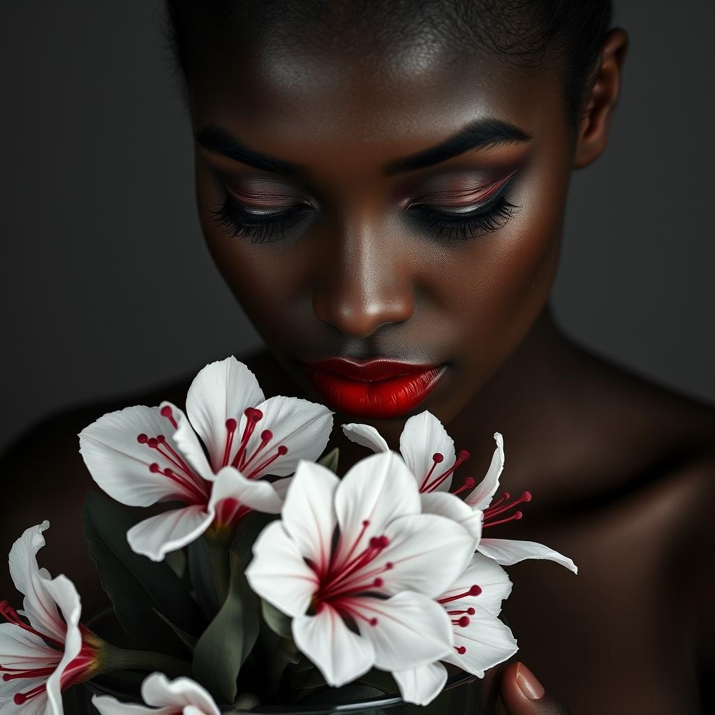 A black and white realistic portrait shot of a brown-skinned Black woman, featuring striking freckles, nice full lips adorned with red lipstick