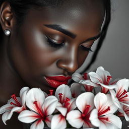 A black and white realistic portrait shot of a brown-skinned Black woman, featuring striking freckles, nice full lips adorned with red lipstick
