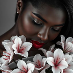 A black and white realistic portrait shot of a brown-skinned Black woman, featuring striking freckles, nice full lips adorned with red lipstick