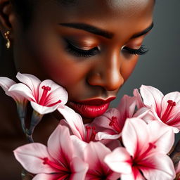 A black and white realistic portrait shot of a brown-skinned Black woman, featuring striking freckles, nice full lips adorned with red lipstick