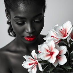 A black and white realistic portrait shot of a medium brown-skinned Black woman, showcasing her striking freckles and beautiful lips coated with red lipstick