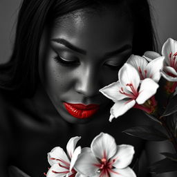 A black and white realistic portrait shot of a medium brown-skinned Black woman, showcasing her striking freckles and beautiful lips coated with red lipstick