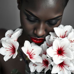 A black and white realistic portrait shot of a medium brown-skinned Black woman, showcasing her striking freckles and beautiful lips coated with red lipstick