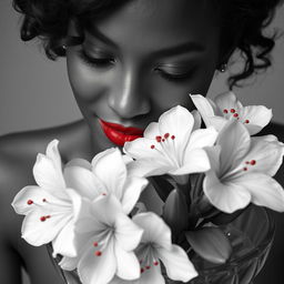 A black and white portrait shot of a light brown-skinned Black woman, showcasing her charming freckles and beautiful lips highlighted with red lipstick