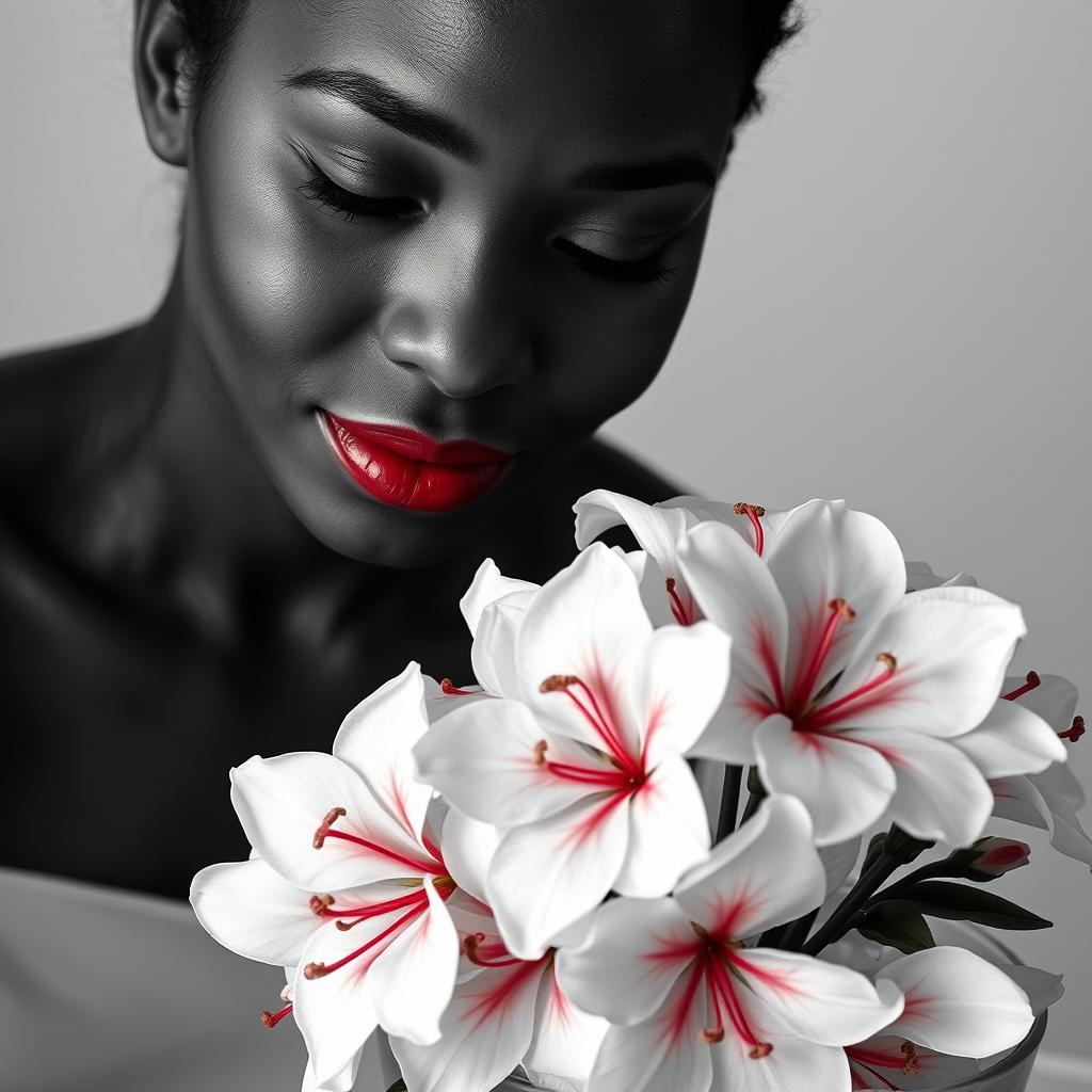 A black and white portrait shot of a light brown-skinned Black woman, showcasing her charming freckles and beautiful lips highlighted with red lipstick