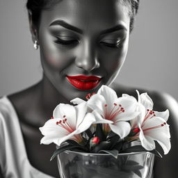 A black and white portrait shot of a light brown-skinned Black woman, showcasing her charming freckles and beautiful lips highlighted with red lipstick