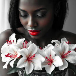A black and white portrait shot of a light brown-skinned Black woman, showcasing her charming freckles and beautiful lips highlighted with red lipstick