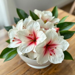 A beautiful arrangement of white azaleas in a bowl, with vivid red droplets delicately resting on their petals