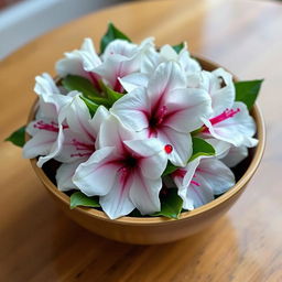 A beautiful arrangement of white azaleas in a bowl, with vivid red droplets delicately resting on their petals