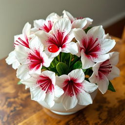 A beautiful arrangement of white azaleas in a bowl, with vivid red droplets delicately resting on their petals