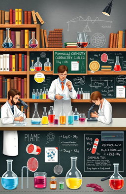 A detailed and engaging illustration of various chemical processes used in forensic studies, including elements such as a forensic lab setup with glass beakers, test tubes, and chemical reagents, forensic experts in lab coats analyzing samples with microscopes, images of fingerprinting techniques, blood spatter analysis, and chemical tests for drug identification