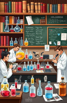 A detailed and engaging illustration of various chemical processes used in forensic studies, including elements such as a forensic lab setup with glass beakers, test tubes, and chemical reagents, forensic experts in lab coats analyzing samples with microscopes, images of fingerprinting techniques, blood spatter analysis, and chemical tests for drug identification