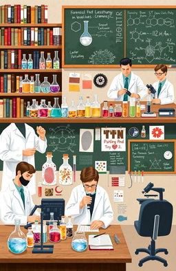 A detailed and engaging illustration of various chemical processes used in forensic studies, including elements such as a forensic lab setup with glass beakers, test tubes, and chemical reagents, forensic experts in lab coats analyzing samples with microscopes, images of fingerprinting techniques, blood spatter analysis, and chemical tests for drug identification