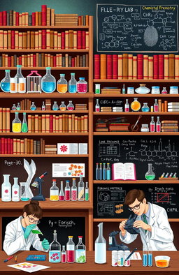 A detailed and engaging illustration of various chemical processes used in forensic studies, including elements such as a forensic lab setup with glass beakers, test tubes, and chemical reagents, forensic experts in lab coats analyzing samples with microscopes, images of fingerprinting techniques, blood spatter analysis, and chemical tests for drug identification