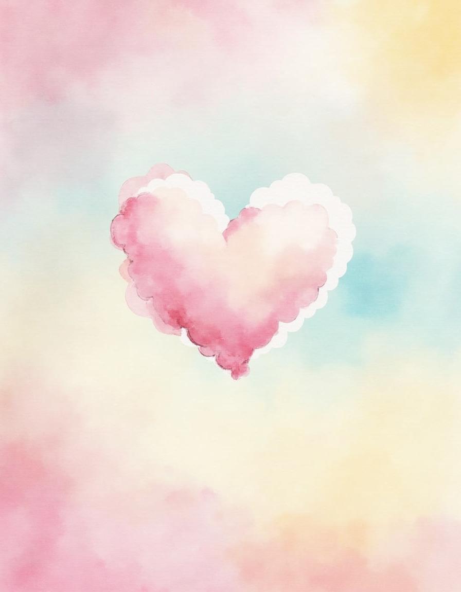 A blended watercolor painting featuring a captivating sky with a heart-shaped cloud floating gently by