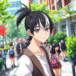 A 23-year-old cool anime guy with a sleek ponytail of black hair accentuated by striking white bangs, featuring captivating eyes—one blue and the other purple