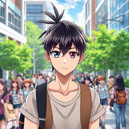 A 23-year-old cool anime guy with a sleek ponytail of black hair accentuated by striking white bangs, featuring captivating eyes—one blue and the other purple
