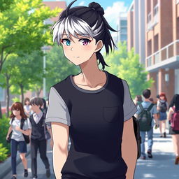 A 23-year-old cool anime guy with a sleek ponytail of black hair accentuated by striking white bangs, featuring captivating eyes—one blue and the other purple