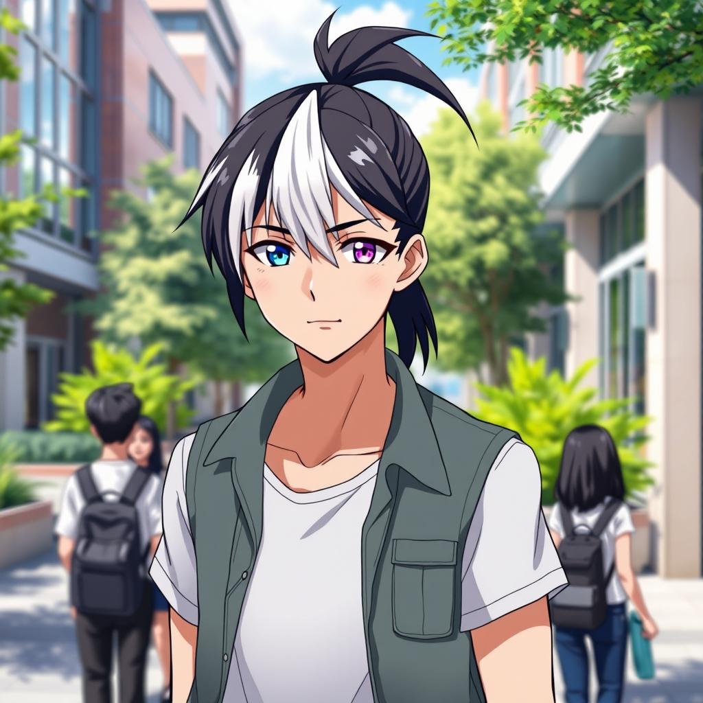 A 23-year-old cool anime guy with a sleek ponytail of black hair accentuated by striking white bangs, featuring captivating eyes—one blue and the other purple