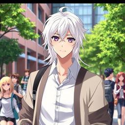 A 21-year-old anime ikemen with flowing long white hair and captivating purple eyes, dressed in a stylish shirt paired with a cozy cardigan