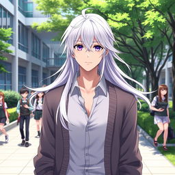 A 21-year-old anime ikemen with flowing long white hair and captivating purple eyes, dressed in a stylish shirt paired with a cozy cardigan
