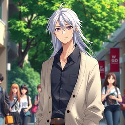 A 21-year-old anime ikemen with flowing long white hair and captivating purple eyes, dressed in a stylish shirt paired with a cozy cardigan