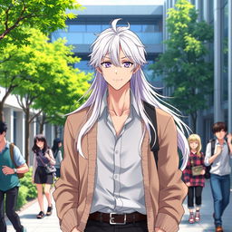 A 21-year-old anime ikemen with flowing long white hair and captivating purple eyes, dressed in a stylish shirt paired with a cozy cardigan