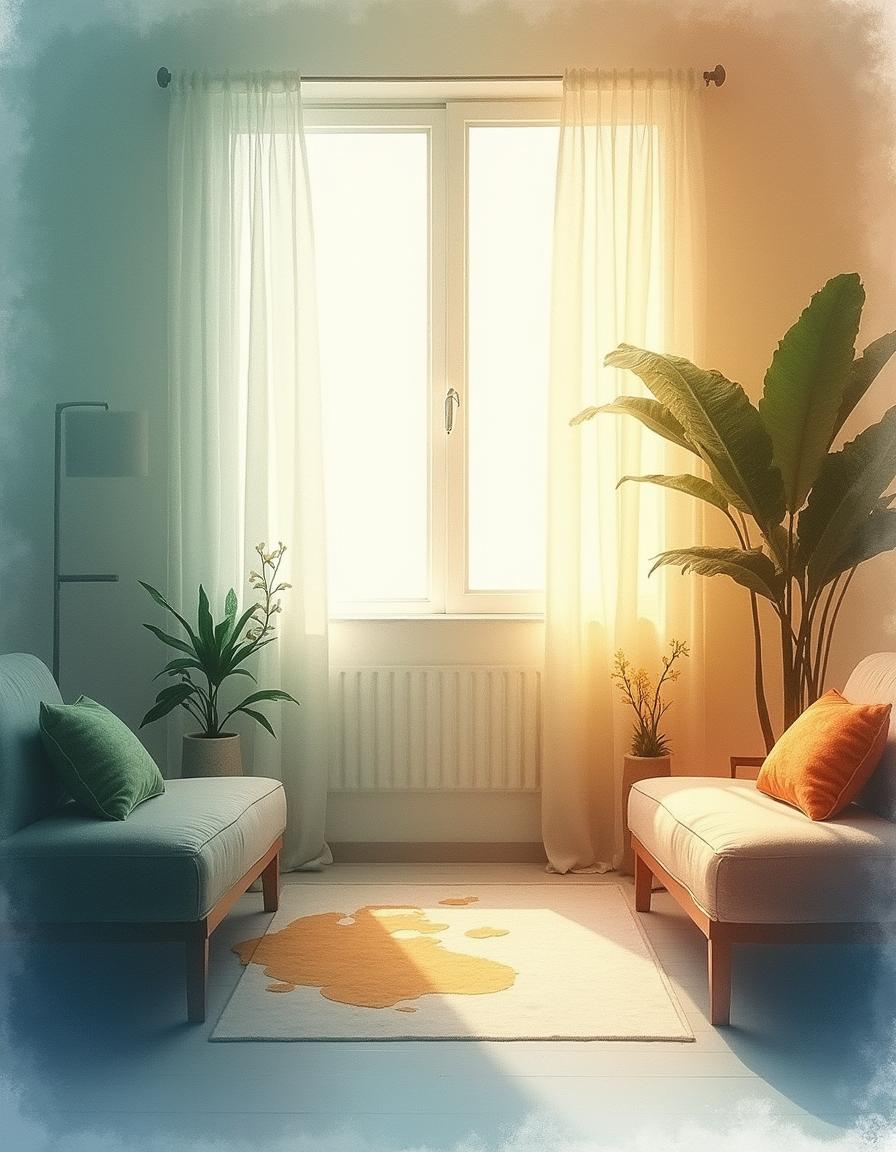 An abstract interior scene rendered in blended, soft, obscure colors that resemble watercolor