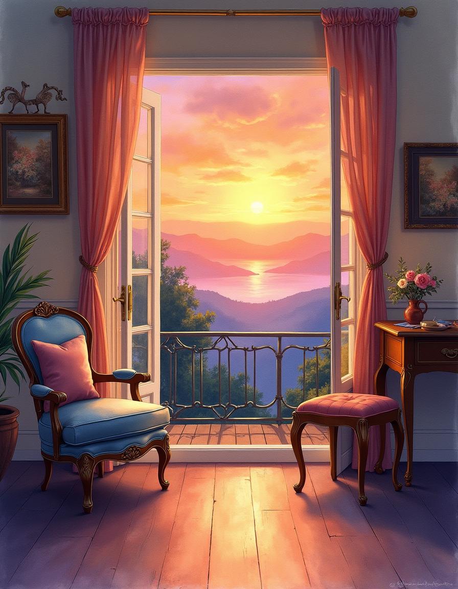 An exquisite watercolor painting that elegantly blends traditional furniture with the vibrant colors of a beautiful sunset