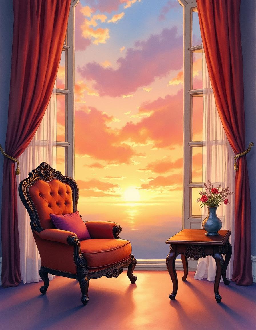 An exquisite watercolor painting featuring traditional furniture elegantly integrated into a breathtaking sunset sky