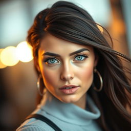 A stunning 26-year-old brunette woman with striking green eyes, showcasing a natural beauty and confidence