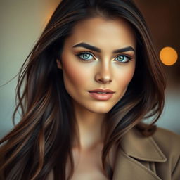 A stunning 26-year-old brunette woman with striking green eyes, showcasing a natural beauty and confidence