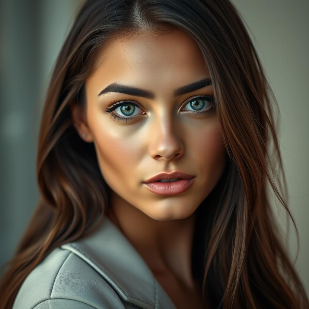 A stunning 26-year-old brunette woman with striking green eyes, showcasing a natural beauty and confidence