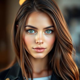 A stunning 26-year-old brunette woman with striking green eyes, showcasing a natural beauty and confidence