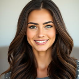 A beautiful 26-year-old brunette woman with soft, kind features and captivating green eyes