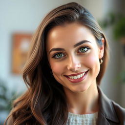 A beautiful 26-year-old brunette woman with soft, kind features and captivating green eyes