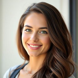 A beautiful 26-year-old brunette woman with soft, kind features and captivating green eyes