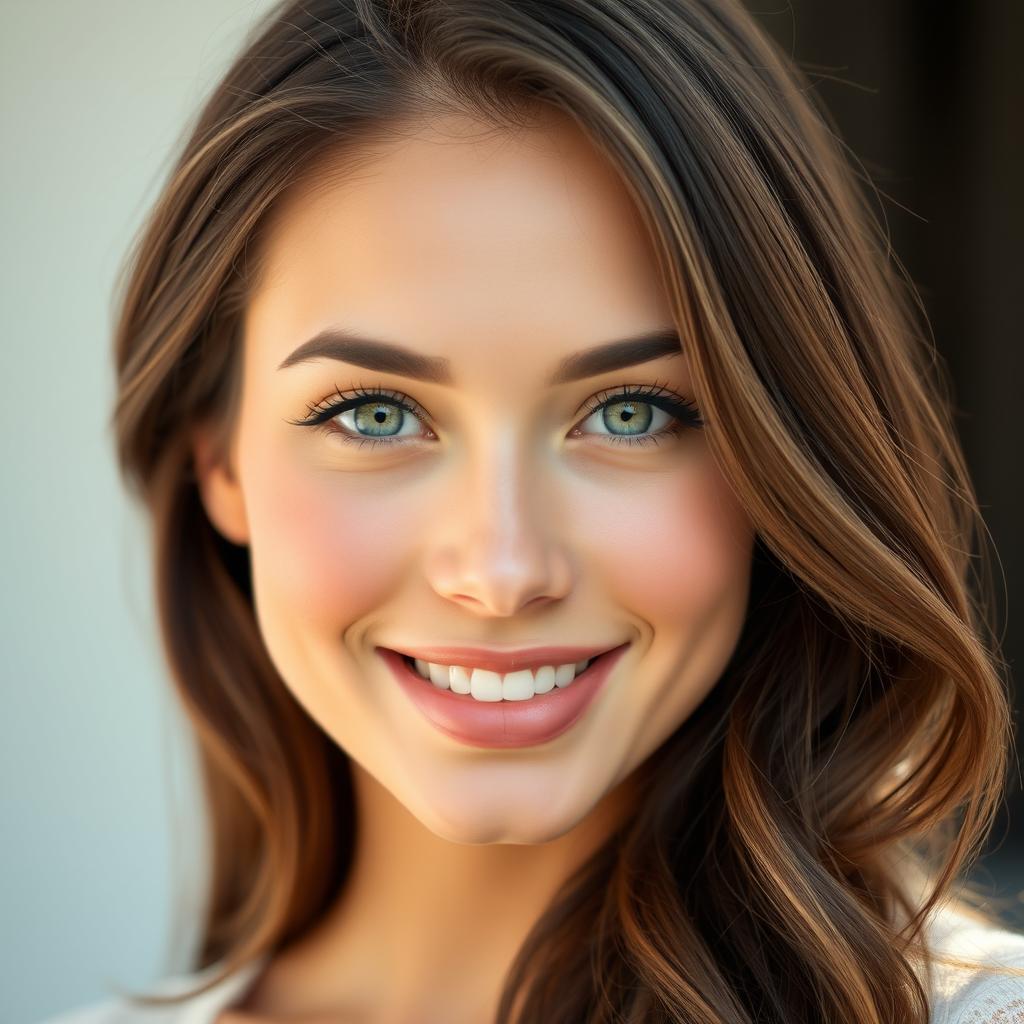 A beautiful 26-year-old brunette woman with soft, kind features and captivating green eyes