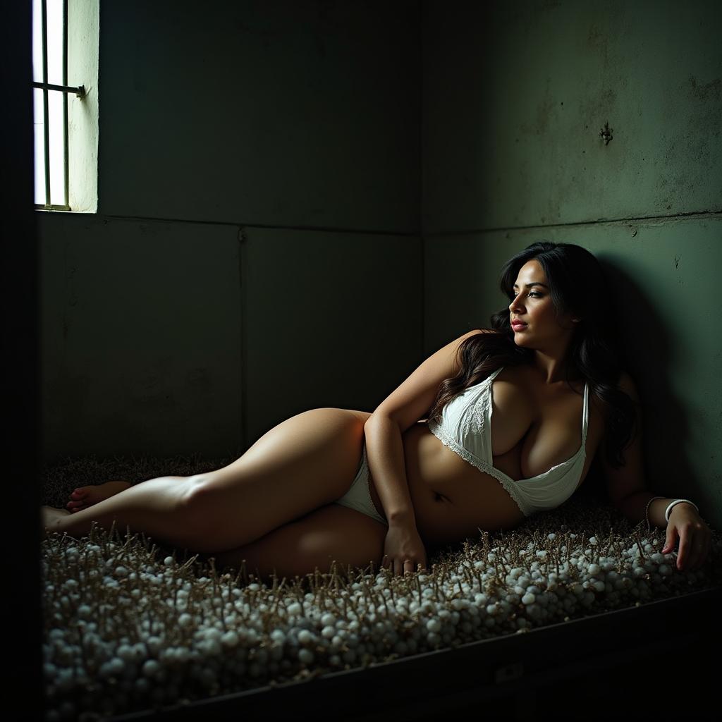 A breathtaking full-figured woman in white lingerie, gracefully reclining on a bed of nails within a dimly lit jail cell