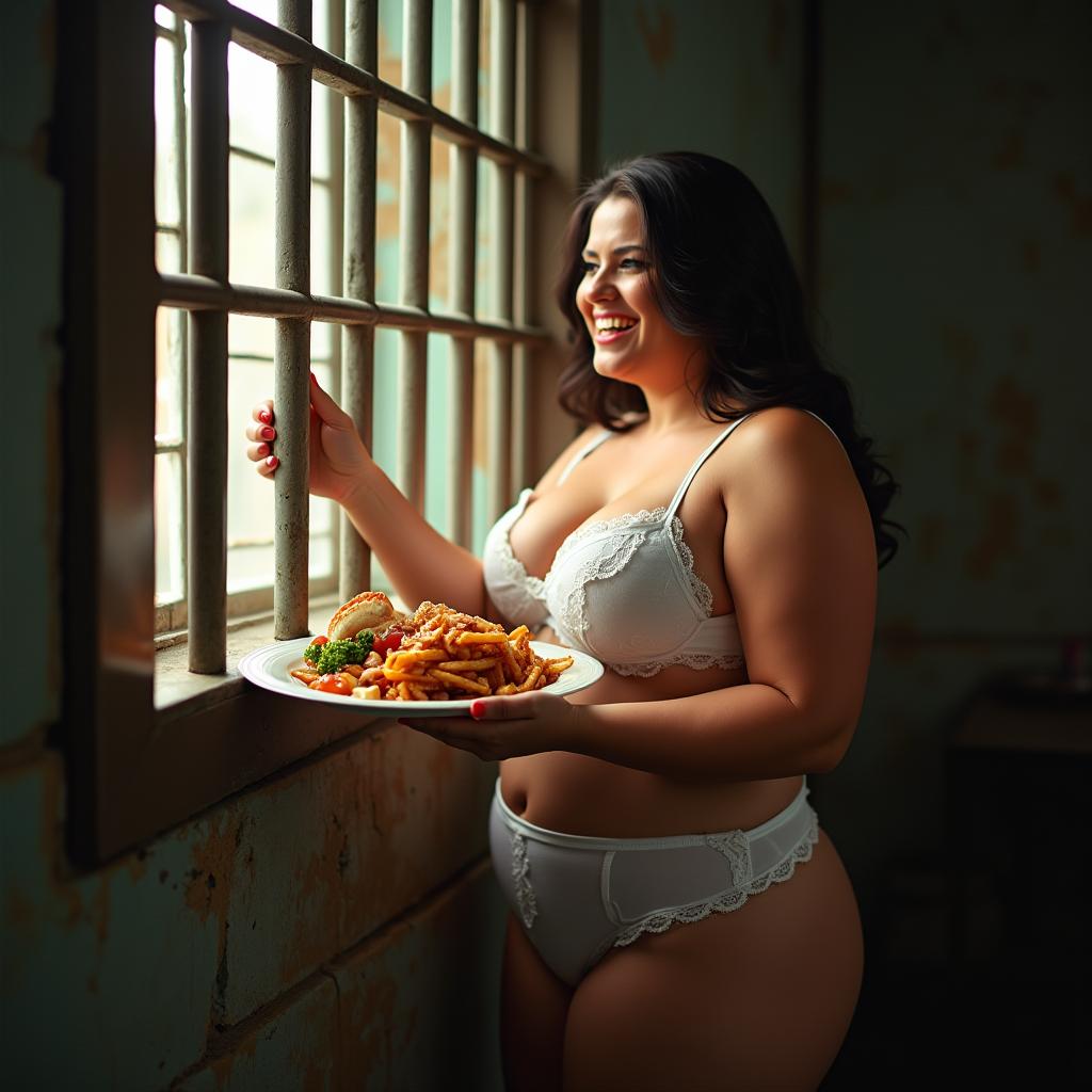 A beautiful full-figured, curvy woman in elegant white lingerie, joyfully accepting a full plate of delicious food being offered to her through the window of a jail cell