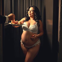 A beautiful curvy woman with a prominent pot belly, dressed in delicate white lingerie, joyfully receiving a full plate of delicious food being handed to her through the window of a dark jail cell