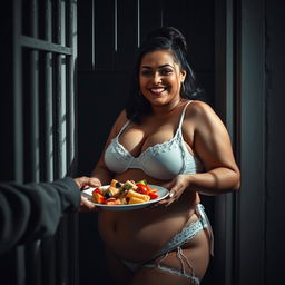 A beautiful curvy woman with a prominent pot belly, dressed in delicate white lingerie, joyfully receiving a full plate of delicious food being handed to her through the window of a dark jail cell