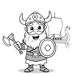 A cartoonish, child-friendly Viking character with a big smile and playful demeanor, showcasing various Viking weapons like an axe, a shield, and a sword, all drawn in bold black lines