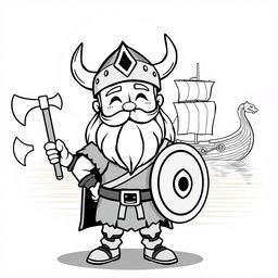 A cartoonish, child-friendly Viking character with a big smile and playful demeanor, showcasing various Viking weapons like an axe, a shield, and a sword, all drawn in bold black lines