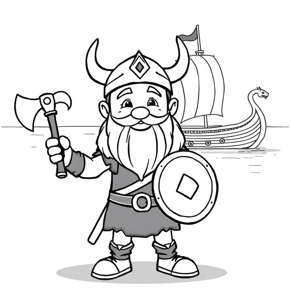 A cartoonish, child-friendly Viking character with a big smile and playful demeanor, showcasing various Viking weapons like an axe, a shield, and a sword, all drawn in bold black lines