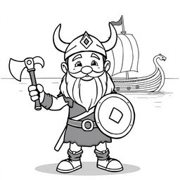 A cartoonish, child-friendly Viking character with a big smile and playful demeanor, showcasing various Viking weapons like an axe, a shield, and a sword, all drawn in bold black lines